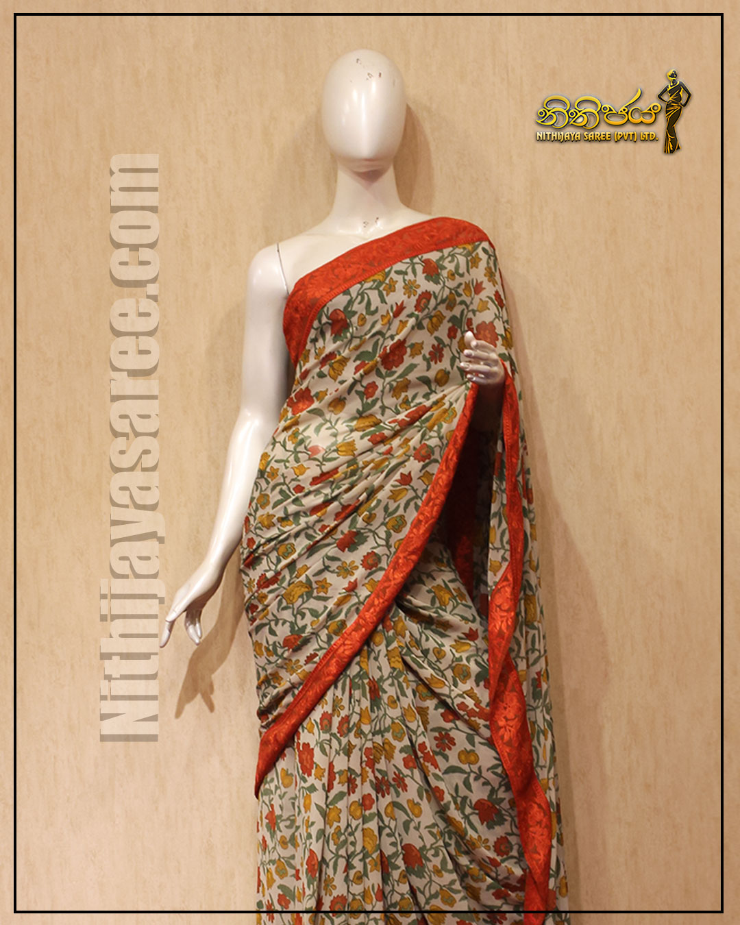 Beage And Red Printed Design With Red Lase Border Shifon Material Saree ...